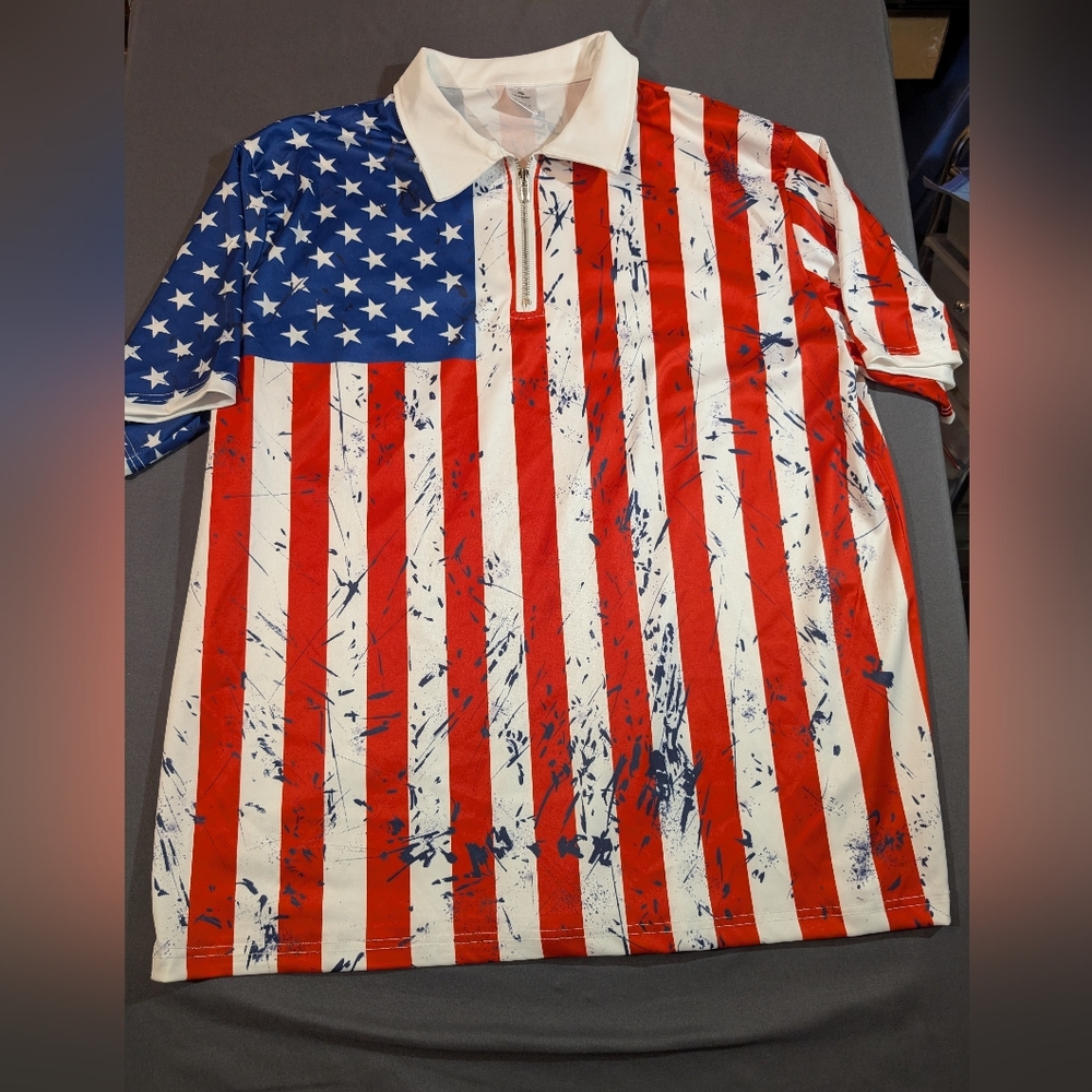 American Flag Print Zip Polo Shirt - Patriotic Red, White & Blue